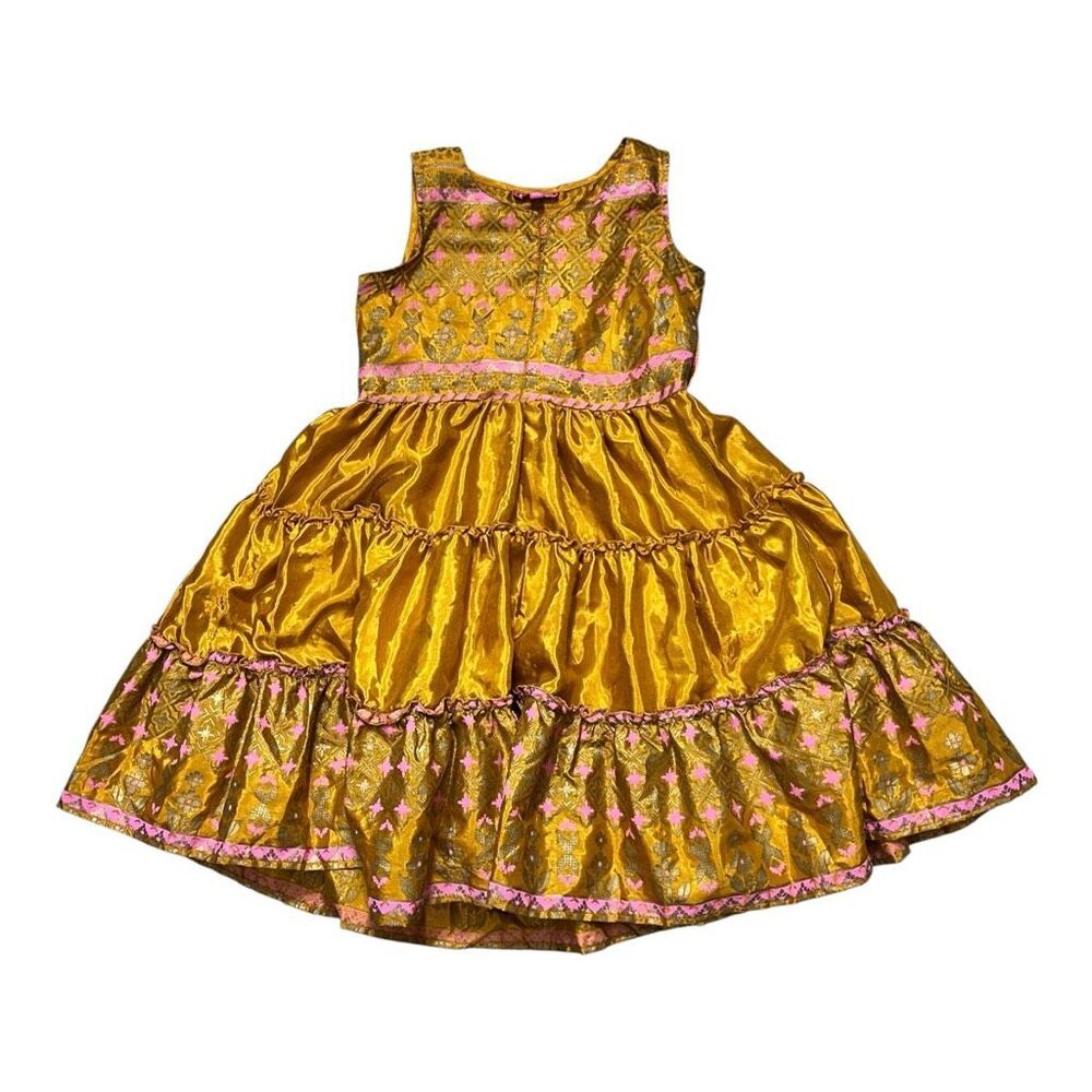 Biba Girls Golden Yellow Floral Dress Size 4-5 Yrs Sleeveless Ruffle Sundress